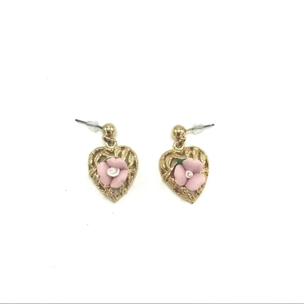 Pink Mini Rose Rosette Flower Gold Tone Small Dangle Earrings